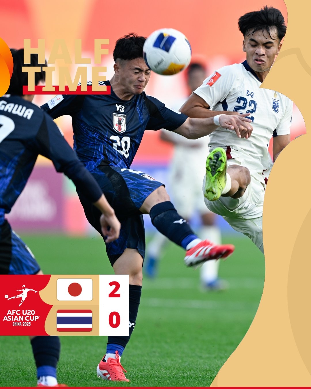 半場-日本U20 2-0領(lǐng)先泰國U20，石井久繼破門+中柱 泰國0射正