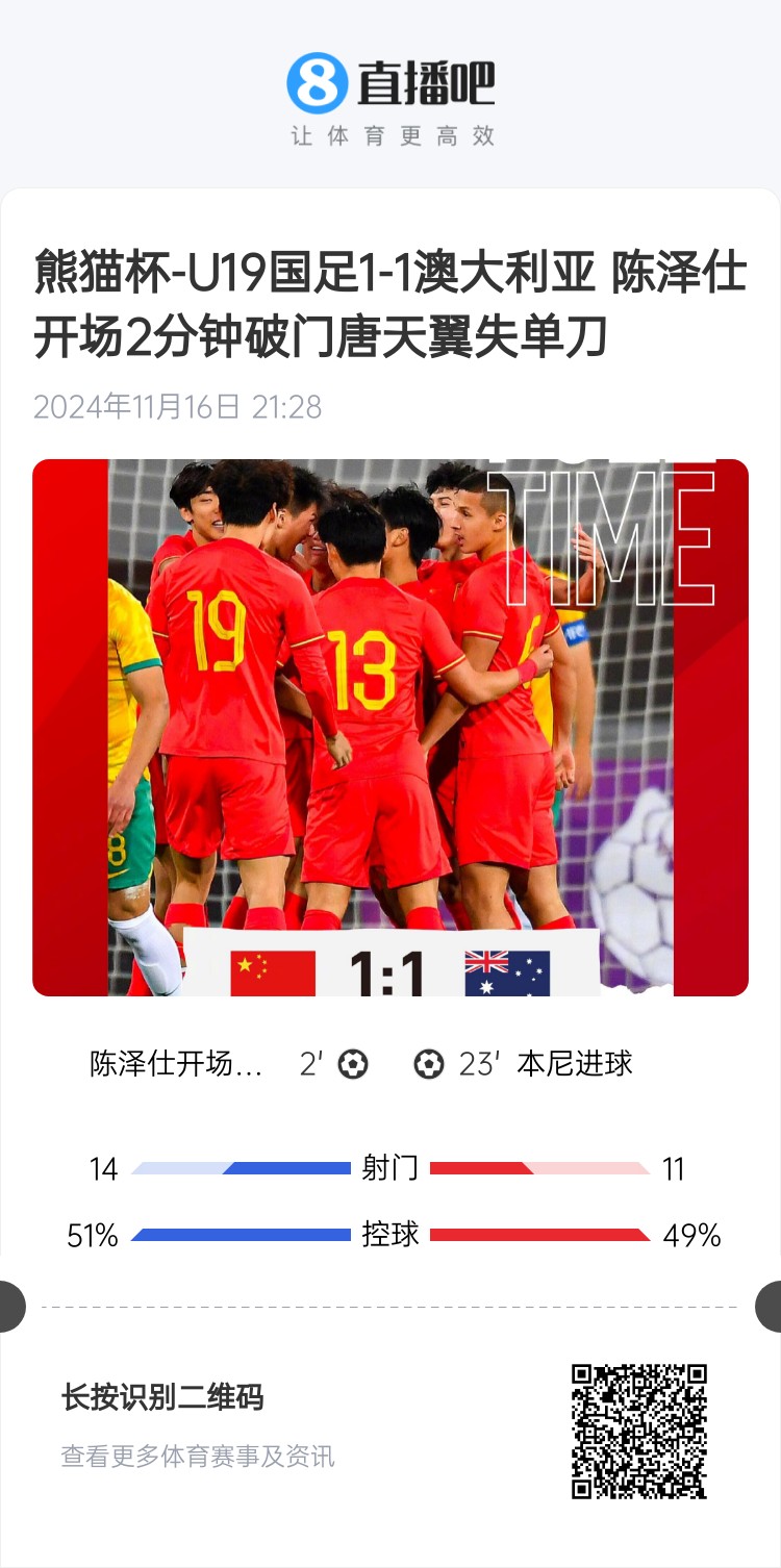  二番戰(zhàn)！U20國青與澳大利亞去年熊貓杯剛有過交手，雙方1-1戰(zhàn)平