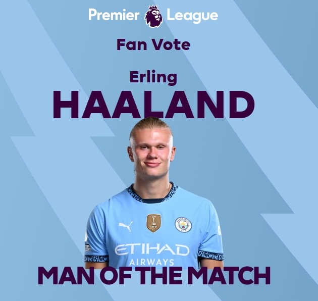  打進致勝球！英超官方：哈蘭德當選曼城1-0熱刺全場最佳球員